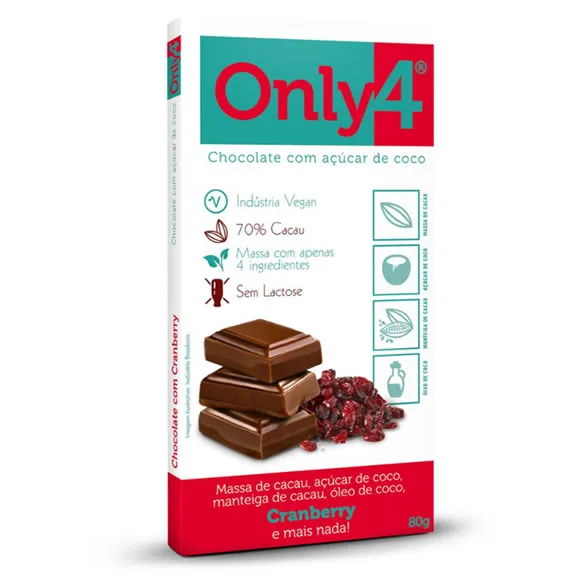 Chocolate Vegano Only4 70% Cacau Cranberry 80g Tudo Zero Leite